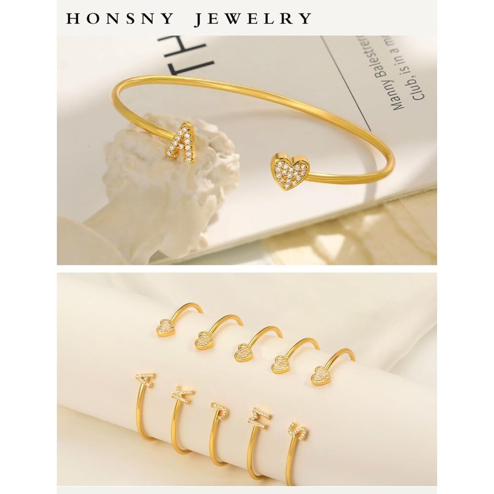Adjustable Gold Initial Heart Bangle Bracelet For… - image 6